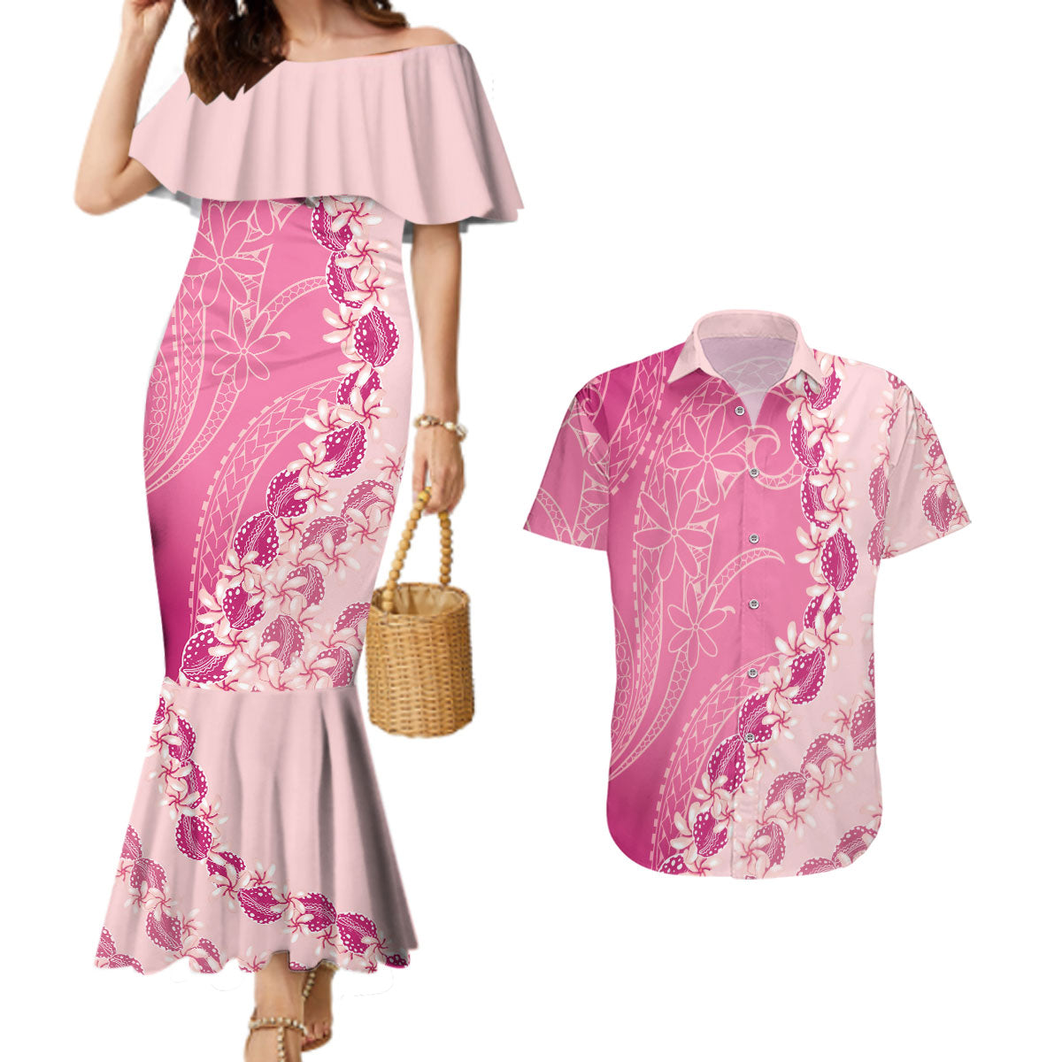 Heiva i Tahiti Couples Matching Mermaid Dress and Hawaiian Shirt Tahitian Tiare Maori Cowrie Lei Pink LT14 Pink - Polynesian Pride