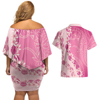 Heiva i Tahiti Couples Matching Off Shoulder Short Dress and Hawaiian Shirt Tahitian Tiare Maori Cowrie Lei Pink LT14 - Polynesian Pride