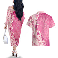 Heiva i Tahiti Couples Matching Off The Shoulder Long Sleeve Dress and Hawaiian Shirt Tahitian Tiare Maori Cowrie Lei Pink LT14 - Polynesian Pride