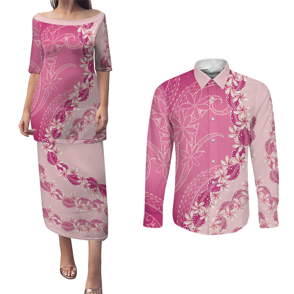 Heiva i Tahiti Couples Matching Puletasi and Long Sleeve Button Shirt Tahitian Tiare Maori Cowrie Lei Pink LT14 Pink - Polynesian Pride