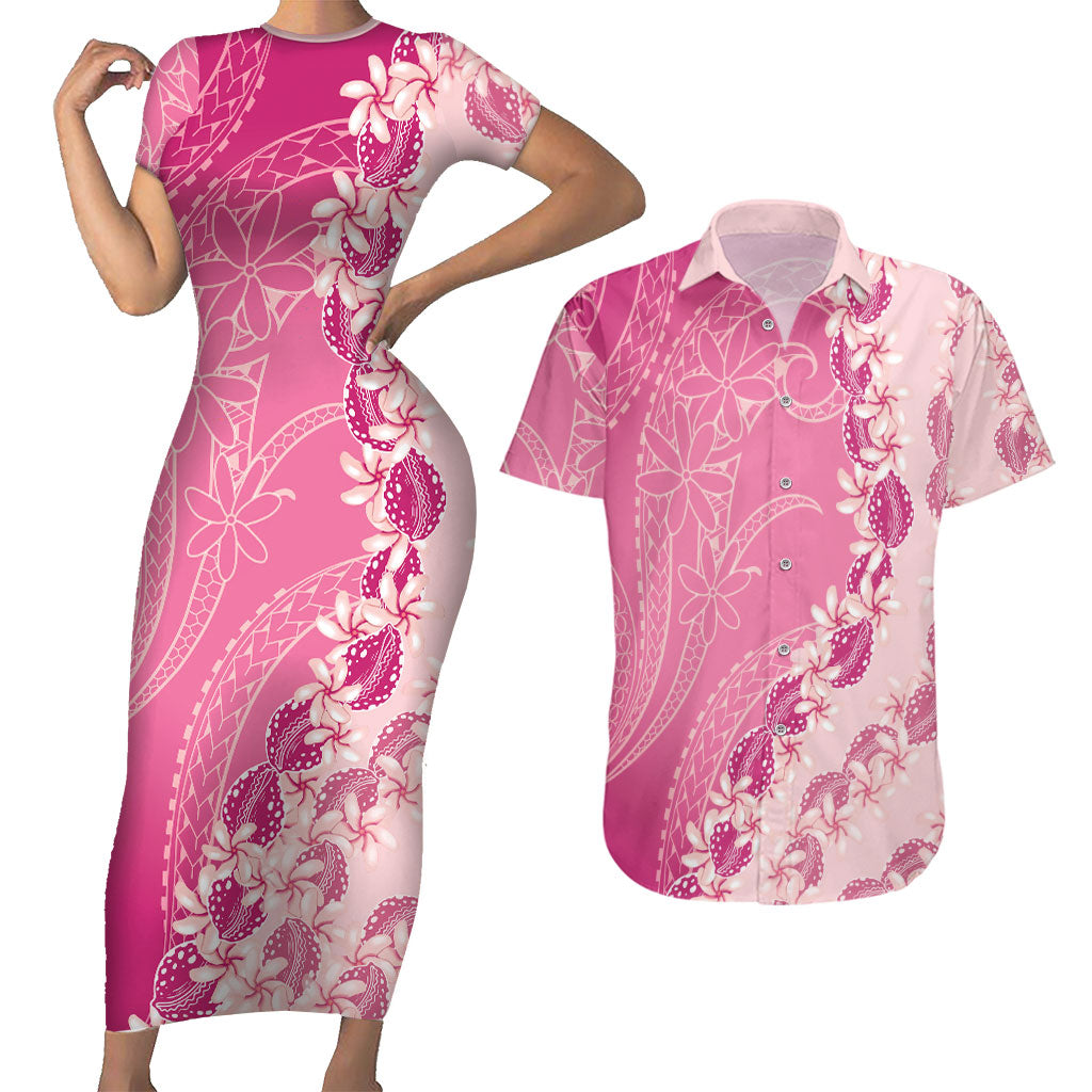 Heiva i Tahiti Couples Matching Short Sleeve Bodycon Dress and Hawaiian Shirt Tahitian Tiare Maori Cowrie Lei Pink