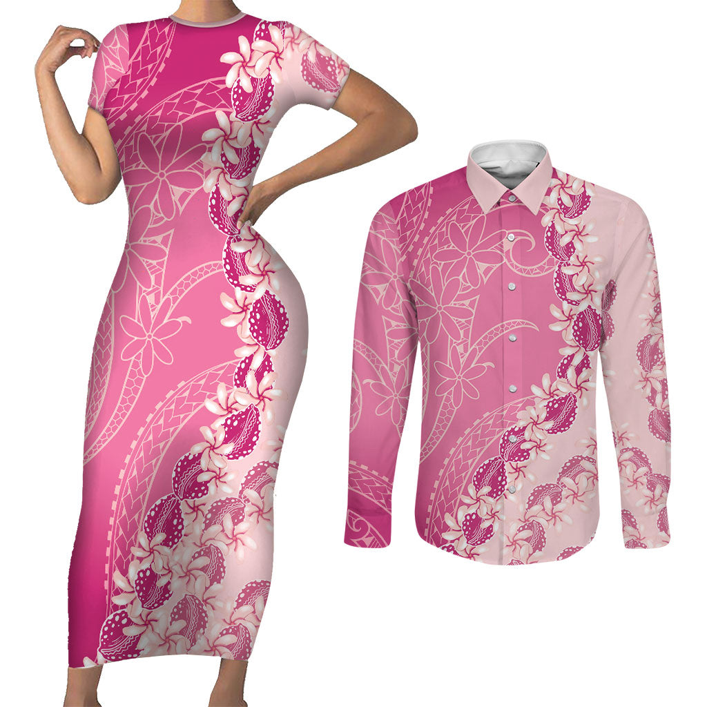 Heiva i Tahiti Couples Matching Short Sleeve Bodycon Dress and Long Sleeve Button Shirt Tahitian Tiare Maori Cowrie Lei Pink LT14 Pink - Polynesian Pride