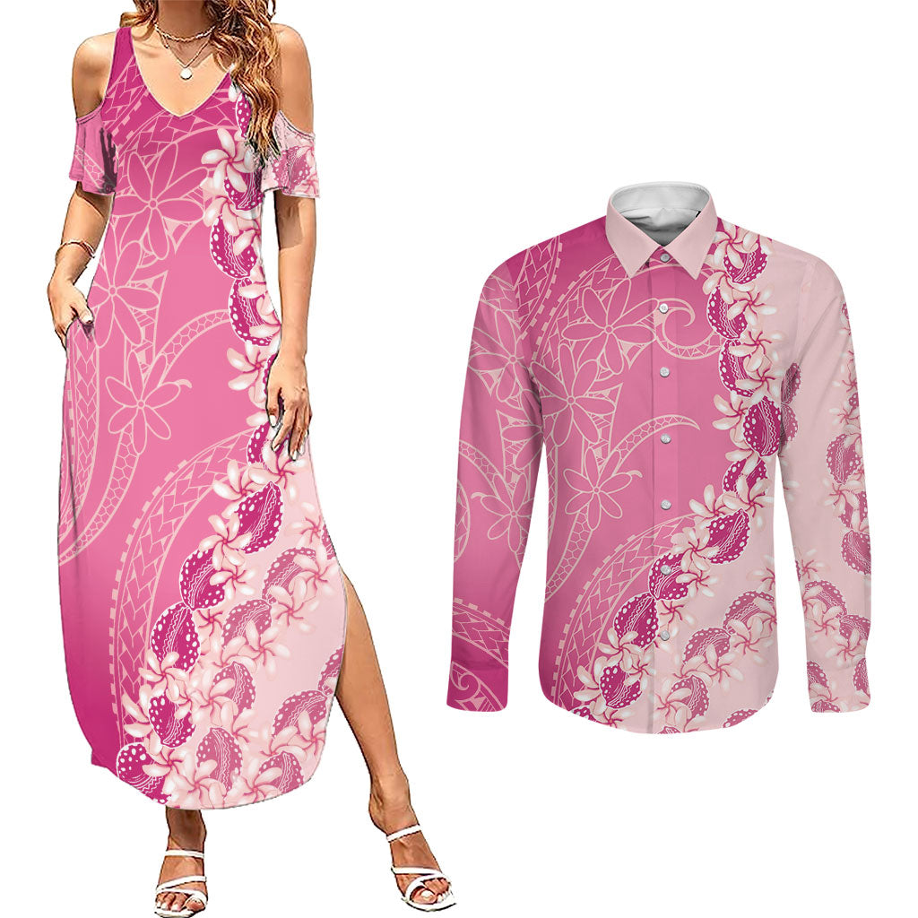 Heiva i Tahiti Couples Matching Summer Maxi Dress and Long Sleeve Button Shirt Tahitian Tiare Maori Cowrie Lei Pink