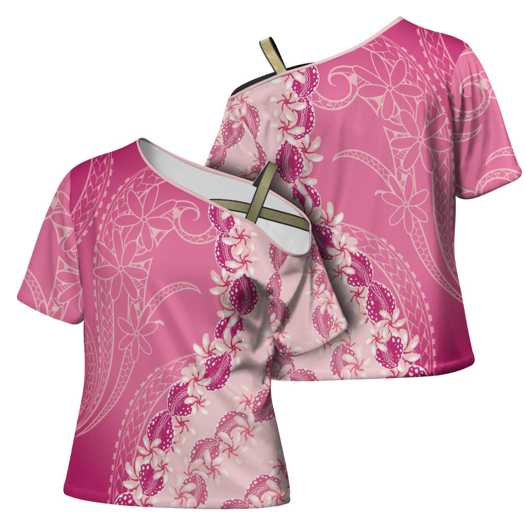 Heiva i Tahiti Cross Shoulder Shirt Tahitian Tiare Maori Cowrie Lei Pink LT14 - Polynesian Pride
