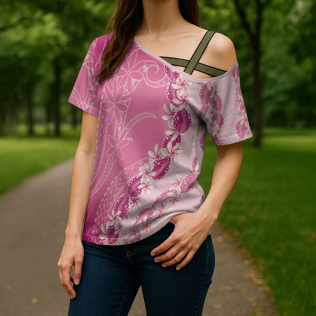 Heiva i Tahiti Cross Shoulder Shirt Tahitian Tiare Maori Cowrie Lei Pink LT14 - Polynesian Pride