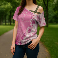 Heiva i Tahiti Cross Shoulder Shirt Tahitian Tiare Maori Cowrie Lei Pink LT14 - Polynesian Pride