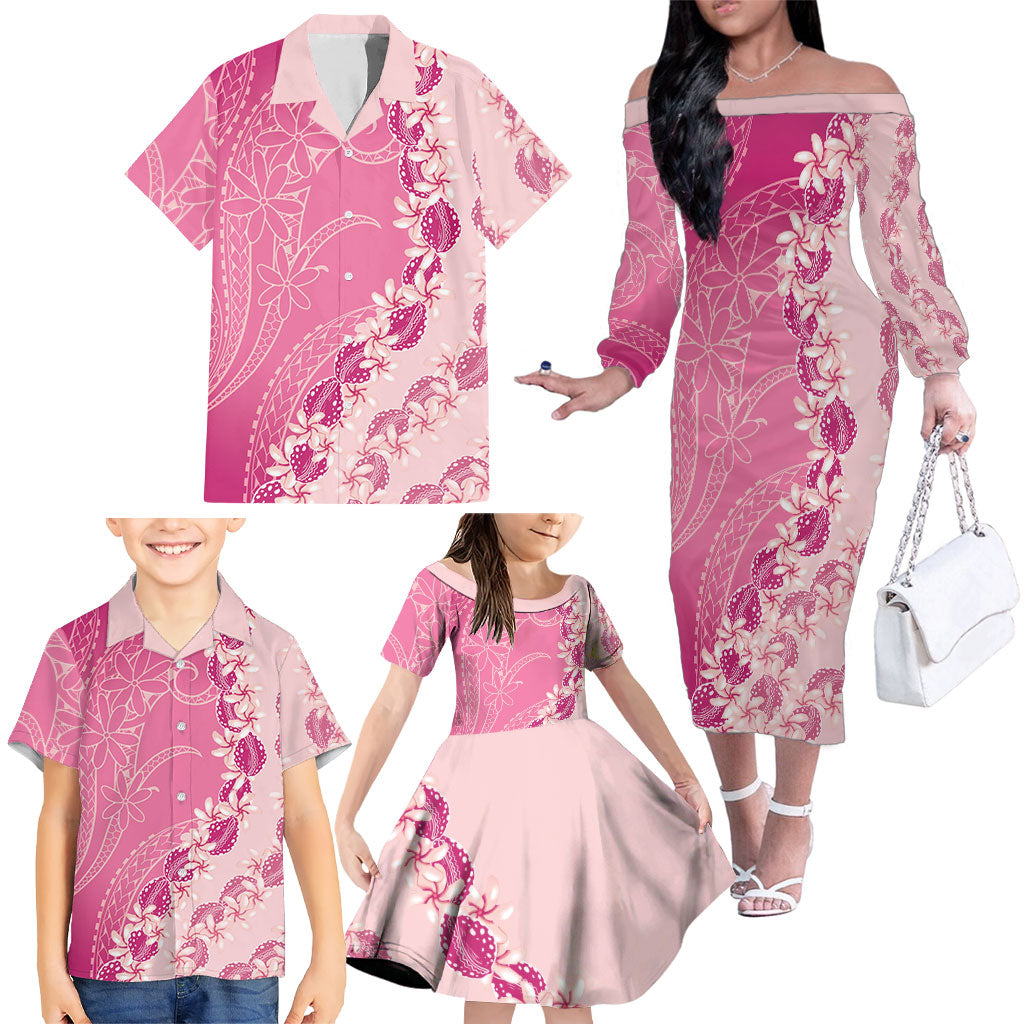 Heiva i Tahiti Family Matching Off The Shoulder Long Sleeve Dress and Hawaiian Shirt Tahitian Tiare Maori Cowrie Lei Pink