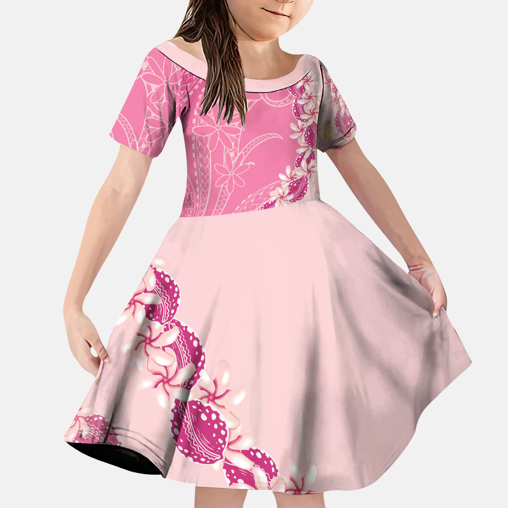 Heiva i Tahiti Family Matching Off Shoulder Short Dress and Hawaiian Shirt Tahitian Tiare Maori Cowrie Lei Pink LT14 Daughter's Dress Pink - Polynesian Pride