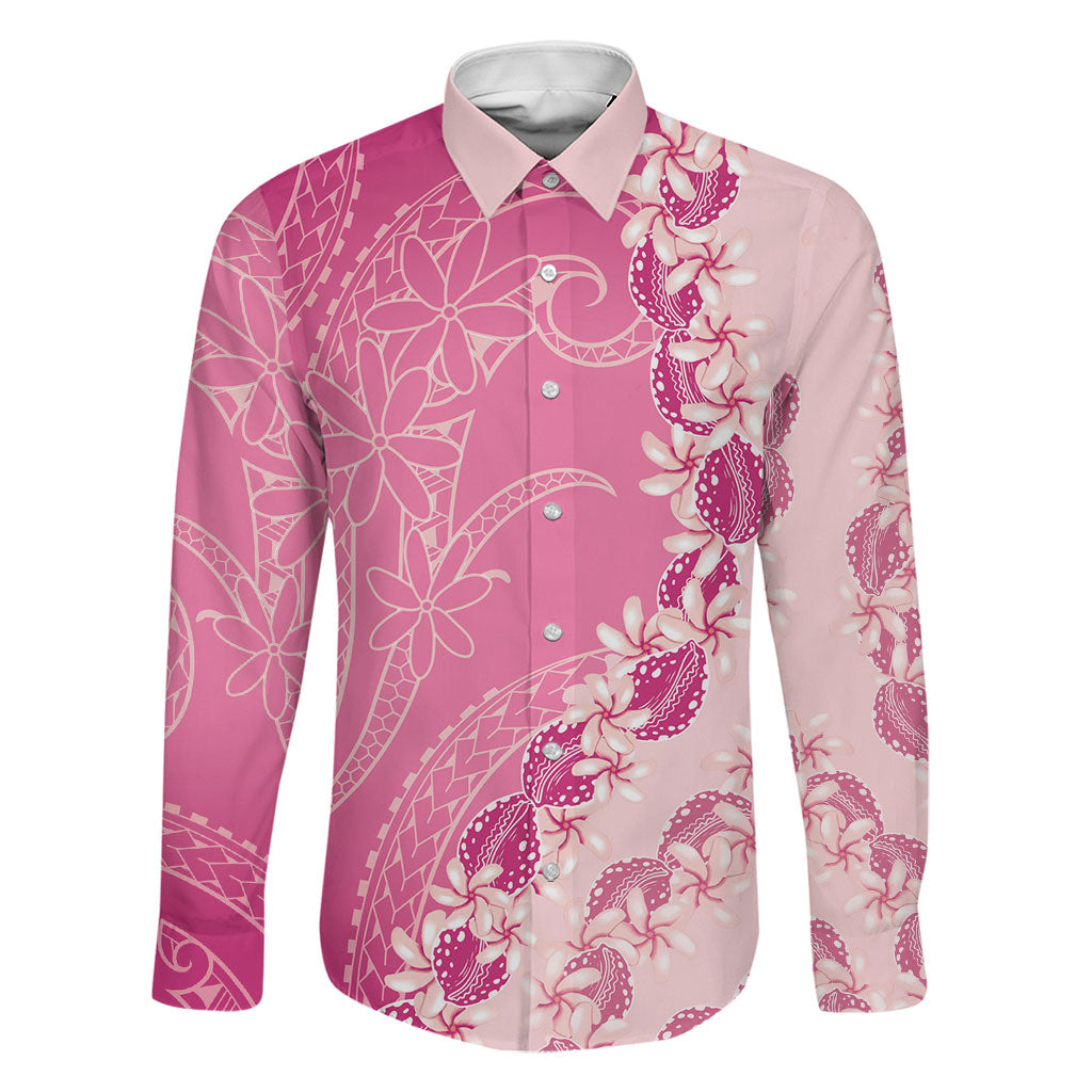Heiva i Tahiti Family Matching Off Shoulder Short Dress and Hawaiian Shirt Tahitian Tiare Maori Cowrie Lei Pink LT14 Dad's Shirt - Long Sleeve Pink - Polynesian Pride