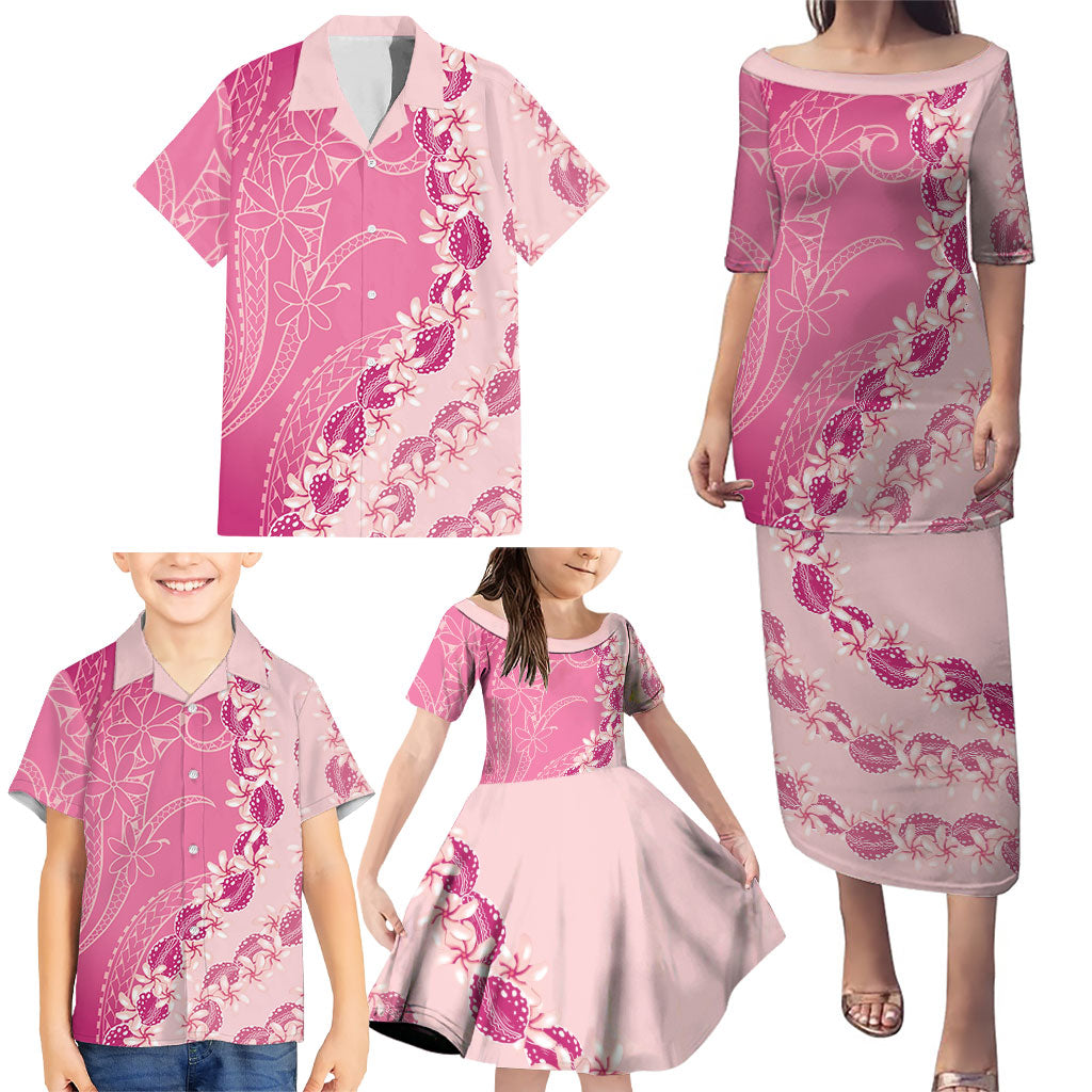 Heiva i Tahiti Family Matching Puletasi and Hawaiian Shirt Tahitian Tiare Maori Cowrie Lei Pink