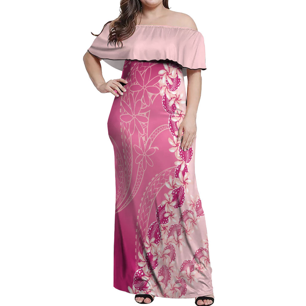 Heiva i Tahiti Off Shoulder Maxi Dress Tahitian Tiare Maori Cowrie Lei Pink