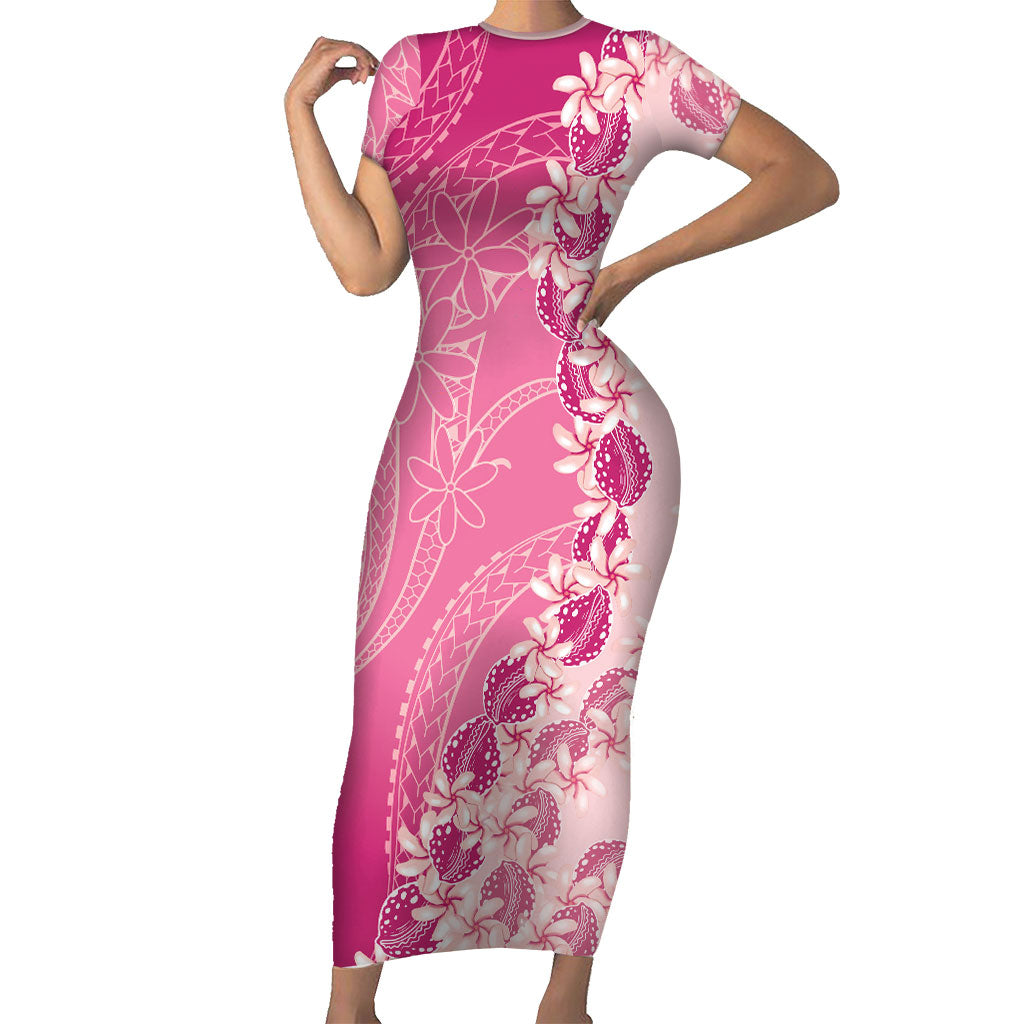Heiva i Tahiti Short Sleeve Bodycon Dress Tahitian Tiare Maori Cowrie Lei Pink LT14 Long Dress Pink - Polynesian Pride