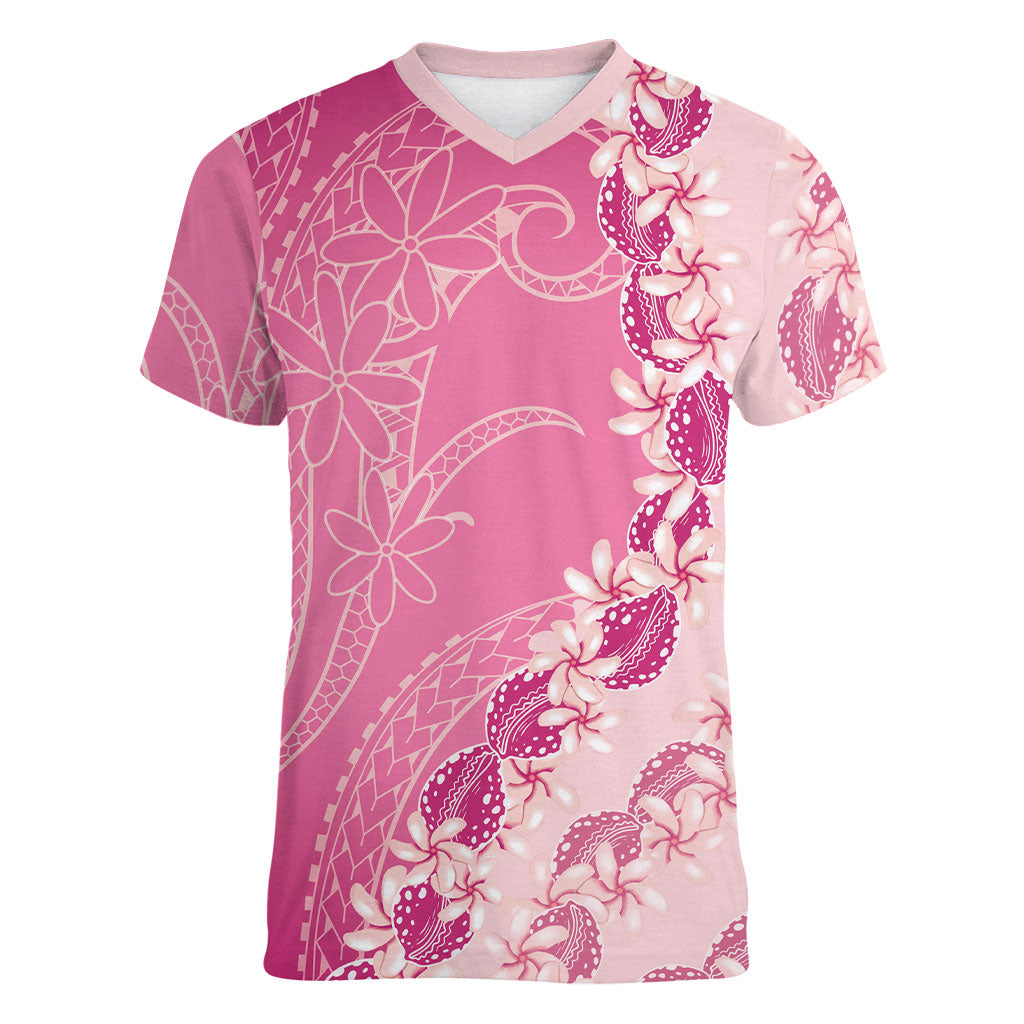 Heiva i Tahiti Women V-Neck T-Shirt Tahitian Tiare Maori Cowrie Lei Pink LT14 Female Pink - Polynesian Pride