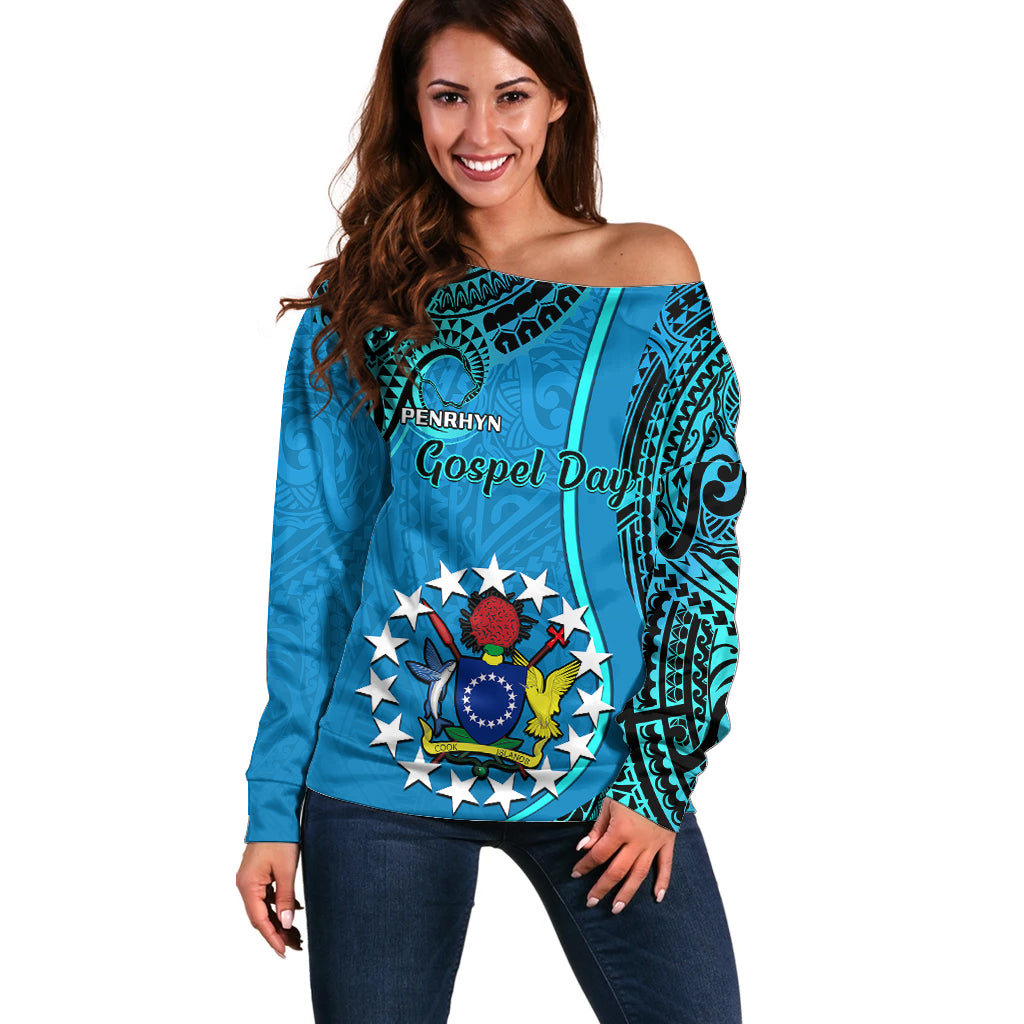 13 March Penrhyn Island Gospel Day Off Shoulder Sweater Cook Islands Tribal Pattern LT14 Women Blue - Polynesian Pride