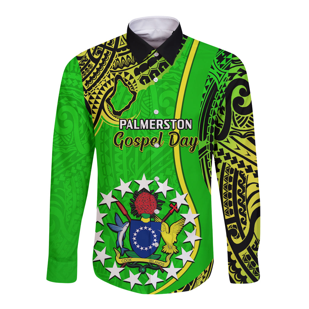 Personalised 25 May Palmerston Island Gospel Day Long Sleeve Button Shirt Cook Islands Tribal Pattern LT14 Unisex Green - Polynesian Pride