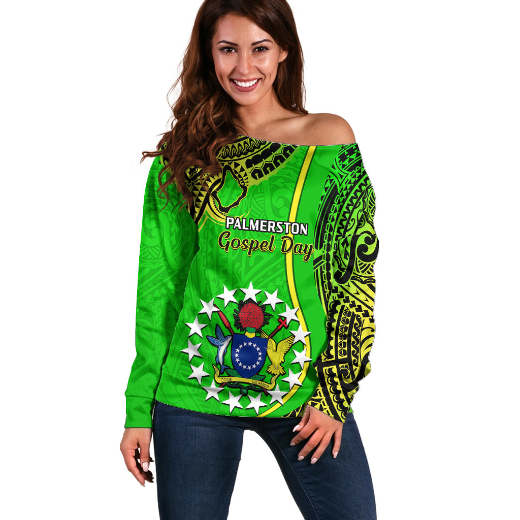 Personalised 25 May Palmerston Island Gospel Day Off Shoulder Sweater Cook Islands Tribal Pattern LT14 Women Green - Polynesian Pride