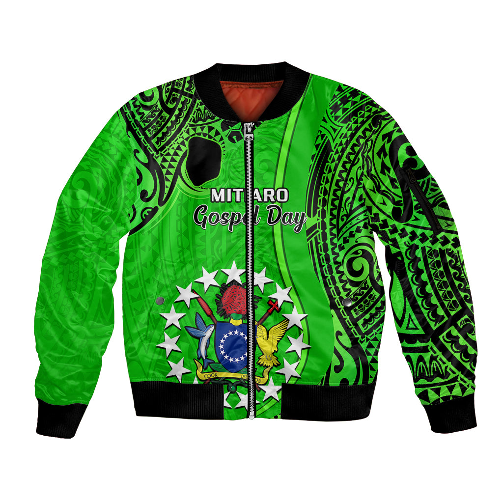 21 July Mitiaro Island Gospel Day Sleeve Zip Bomber Jacket Cook Islands Tribal Pattern LT14 Unisex Green - Polynesian Pride