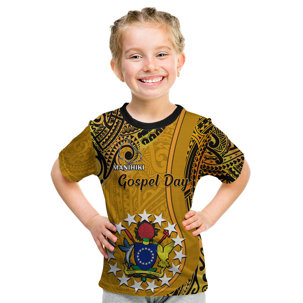 8 August Manihiki Island Gospel Day Kid T Shirt Cook Islands Tribal Pattern LT14 Gold - Polynesian Pride