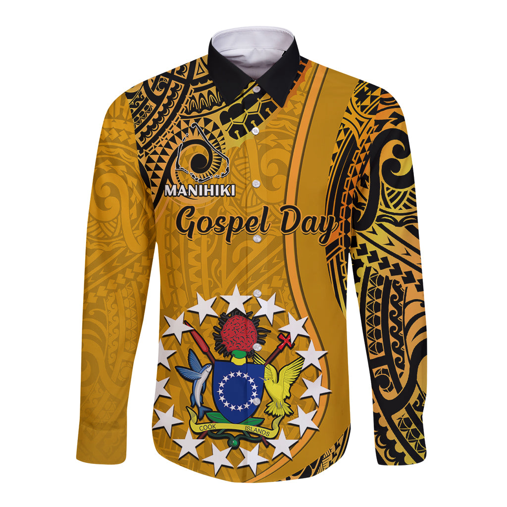 8 August Manihiki Island Gospel Day Long Sleeve Button Shirt Cook Islands Tribal Pattern LT14 Unisex Gold - Polynesian Pride