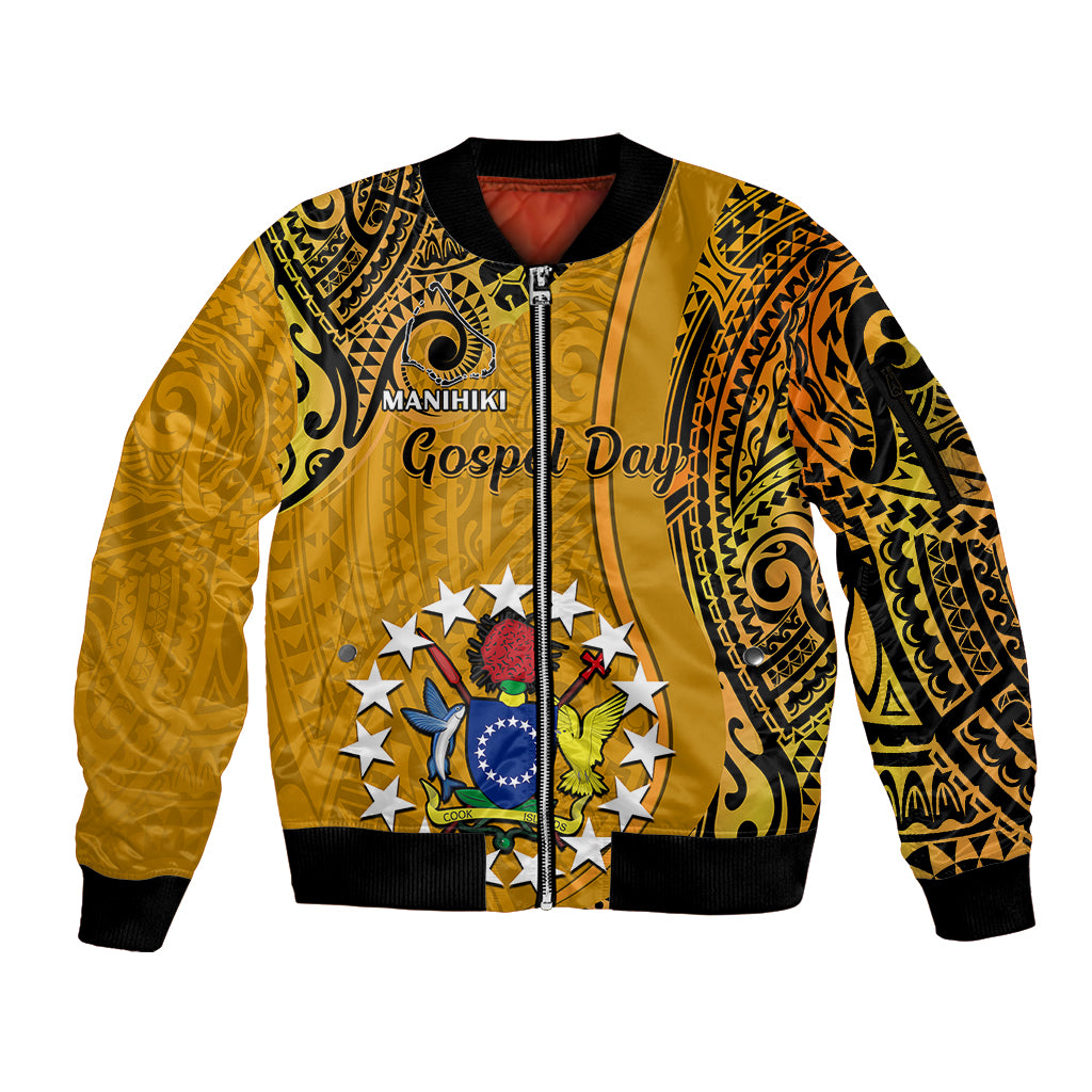 Personalised 8 August Manihiki Island Gospel Day Sleeve Zip Bomber Jacket Cook Islands Tribal Pattern LT14 Unisex Gold - Polynesian Pride