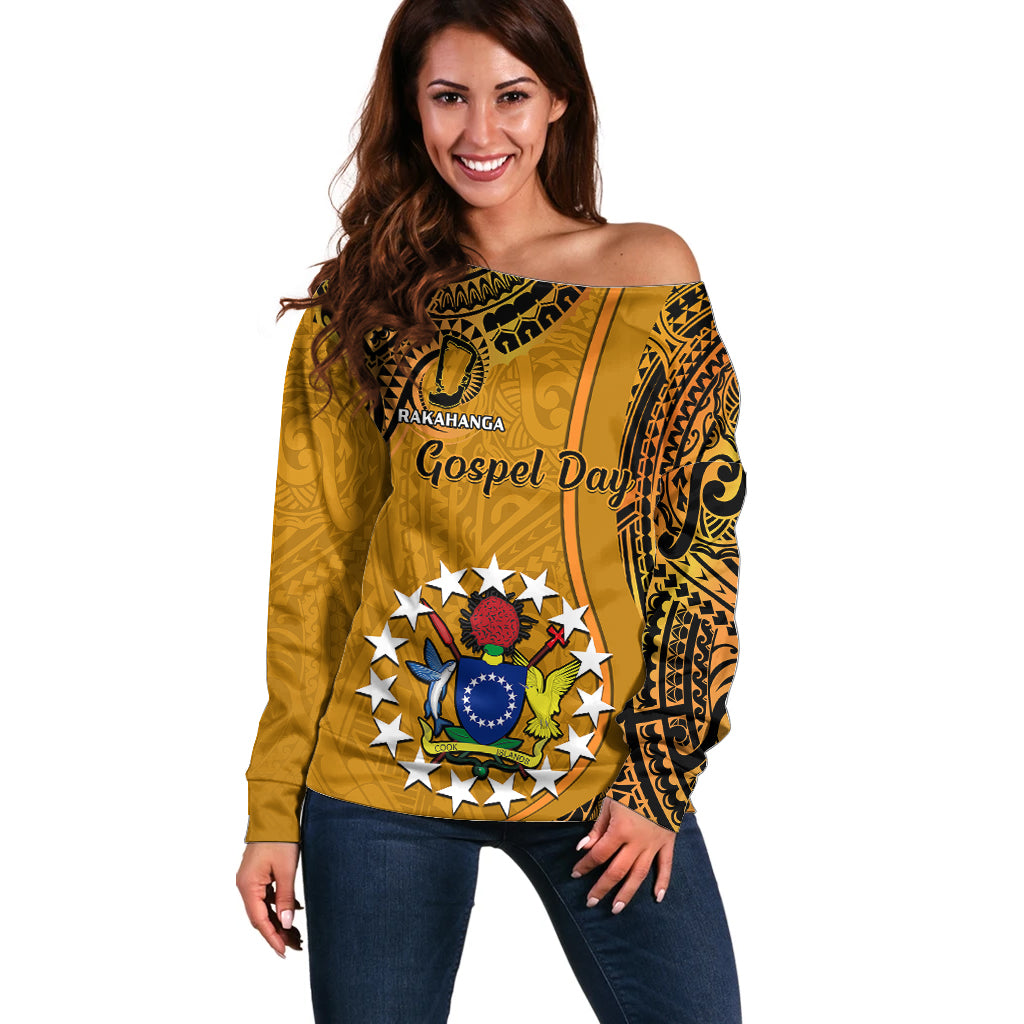 Personalised 15 August Rakahanga Island Gospel Day Off Shoulder Sweater Cook Islands Tribal Pattern LT14 Women Orange - Polynesian Pride