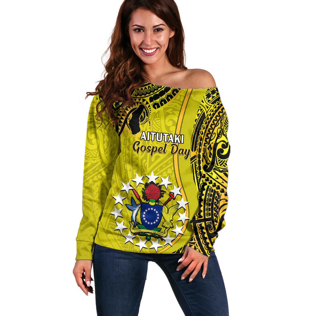 Personalised 27 October Aitutaki Island Gospel Day Off Shoulder Sweater Cook Islands Tribal Pattern LT14 Women Gold - Polynesian Pride