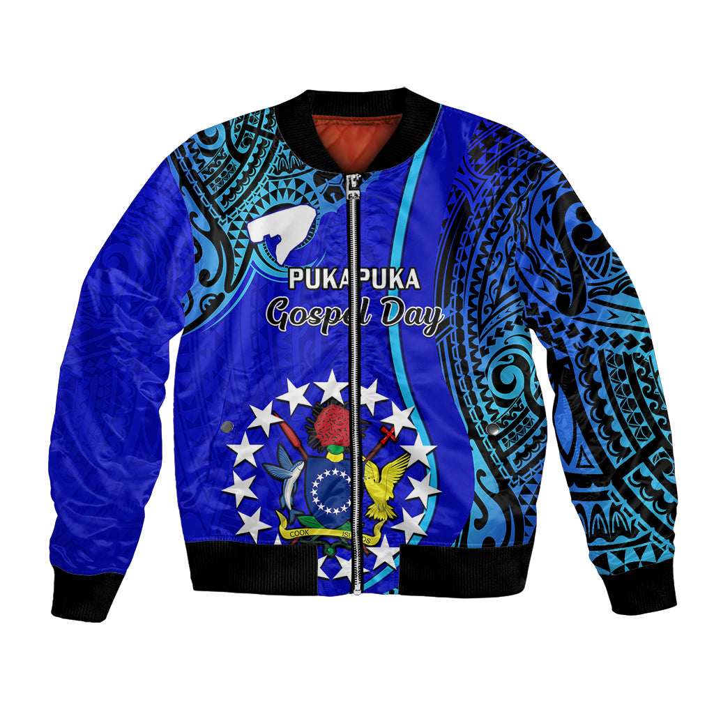 Personalised 8 December Pukapuka Island Gospel Day Bomber Jacket Cook Islands Tribal Pattern LT14 Unisex Blue - Polynesian Pride
