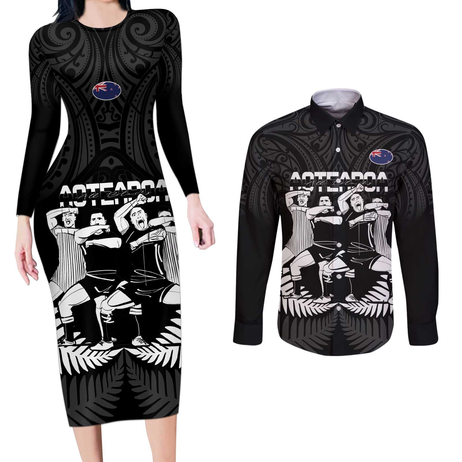 New Zealand Silver Fern Rugby Couples Matching Long Sleeve Bodycon Dress and Long Sleeve Button Shirt Haka Dance With Aotearoa Maori Pattern
