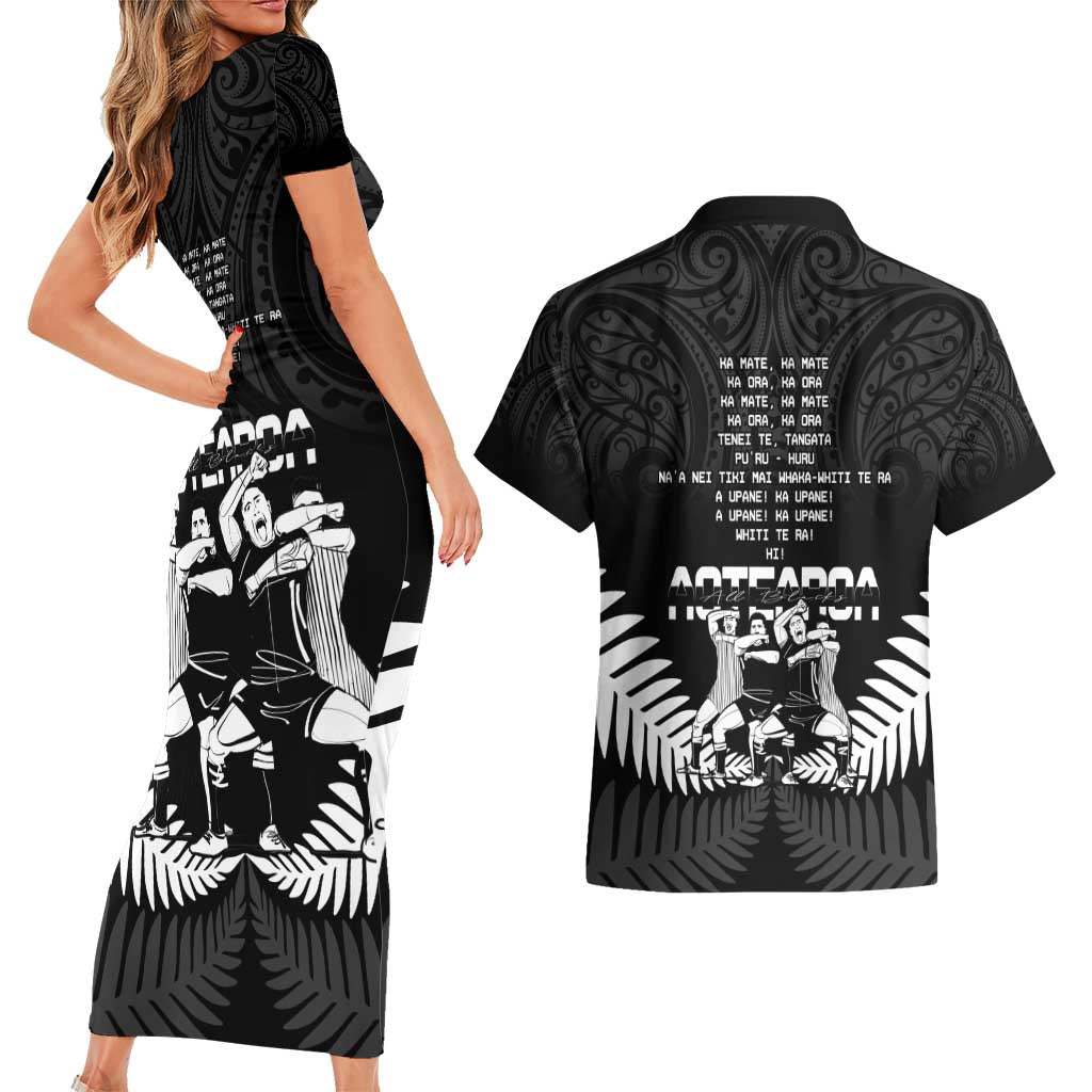 New Zealand Silver Fern Rugby Couples Matching Short Sleeve Bodycon Dress and Hawaiian Shirt Haka Dance With Aotearoa Maori Pattern