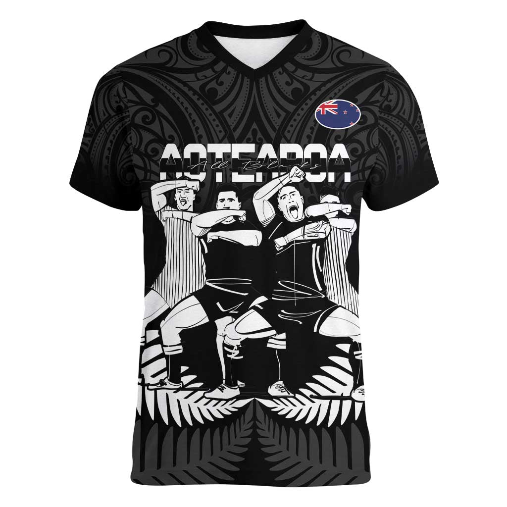 New Zealand Silver Fern Rugby Women V-Neck T-Shirt Haka Dance With Aotearoa Maori Pattern LT14 Female Black - Polynesian Pride