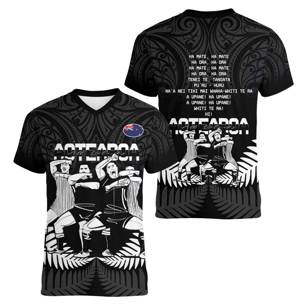 New Zealand Silver Fern Rugby Women V-Neck T-Shirt Haka Dance With Aotearoa Maori Pattern LT14 - Polynesian Pride