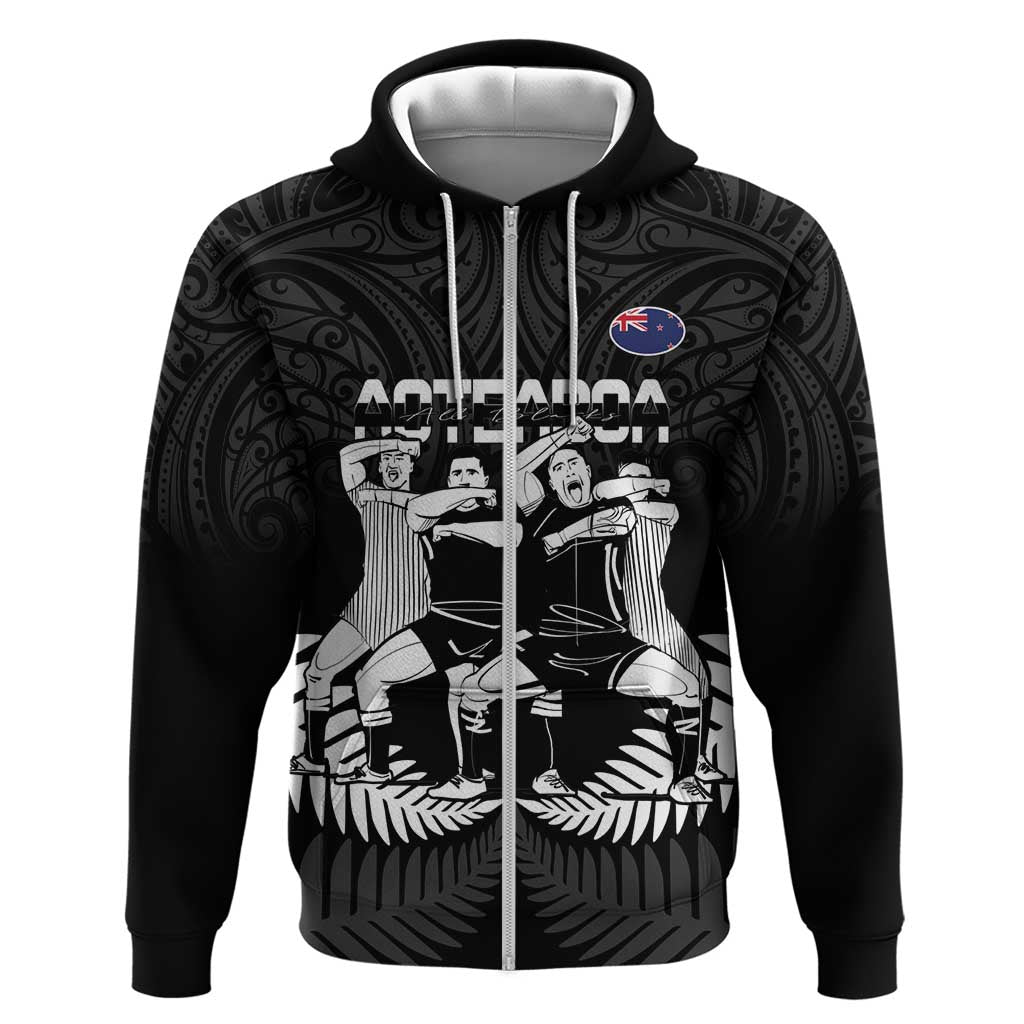 New Zealand Silver Fern Rugby Zip Hoodie Haka Dance With Aotearoa Maori Pattern LT14 Zip Hoodie Black - Polynesian Pride