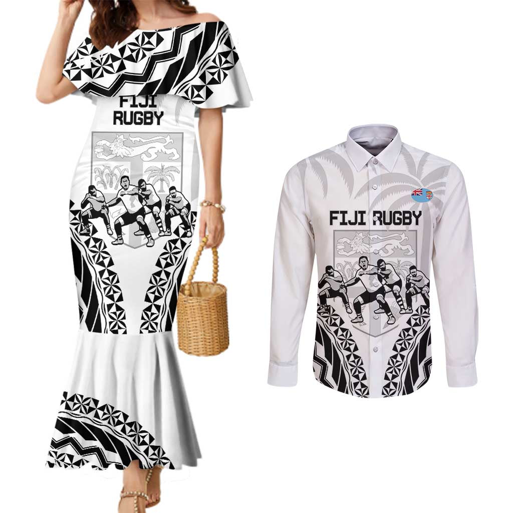 Fiji Tapa Rugby Couples Matching Mermaid Dress and Long Sleeve Button Shirt Cibi Dance With Fijian Pattern