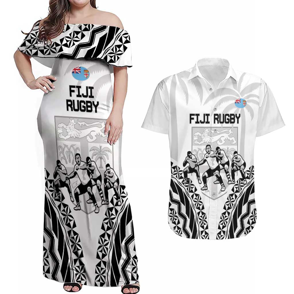 Fiji Tapa Rugby Couples Matching Off Shoulder Maxi Dress and Hawaiian Shirt Cibi Dance With Fijian Pattern