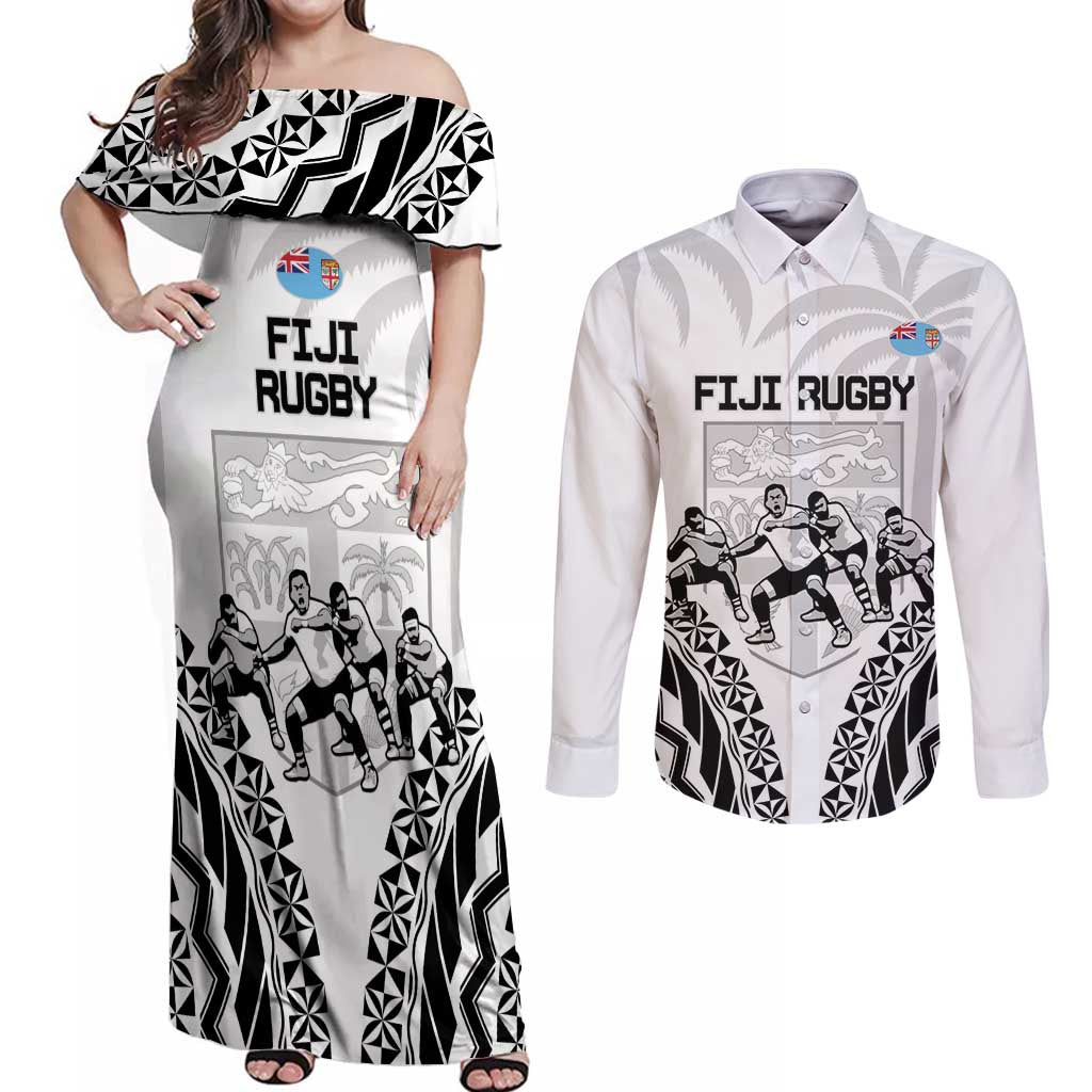 Fiji Tapa Rugby Couples Matching Off Shoulder Maxi Dress and Long Sleeve Button Shirt Cibi Dance With Fijian Pattern