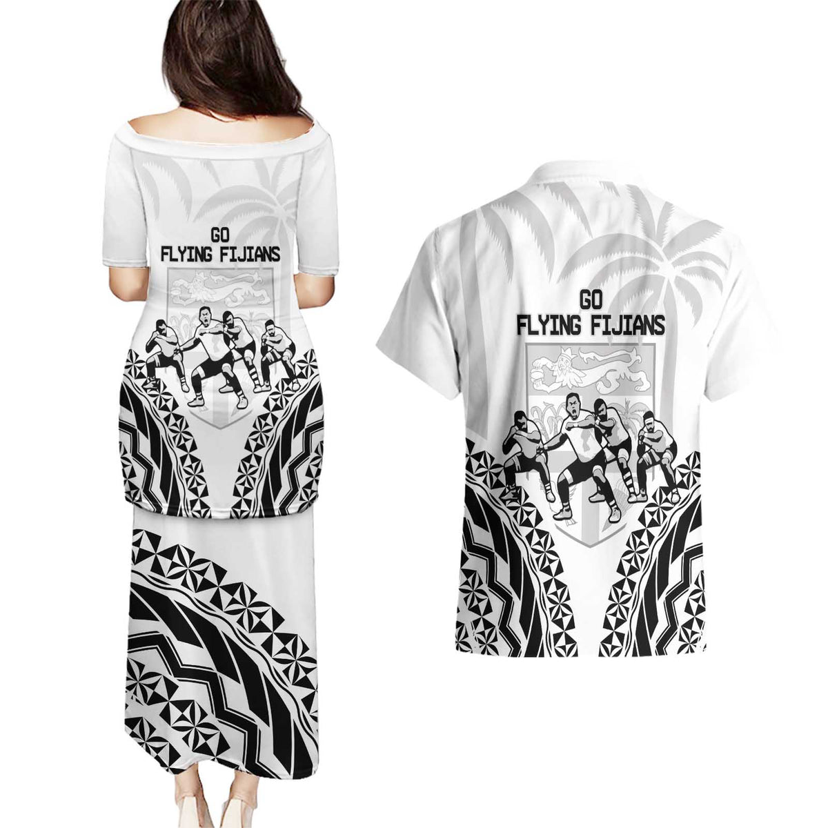 Fiji Tapa Rugby Couples Matching Puletasi and Hawaiian Shirt Cibi Dance With Fijian Pattern