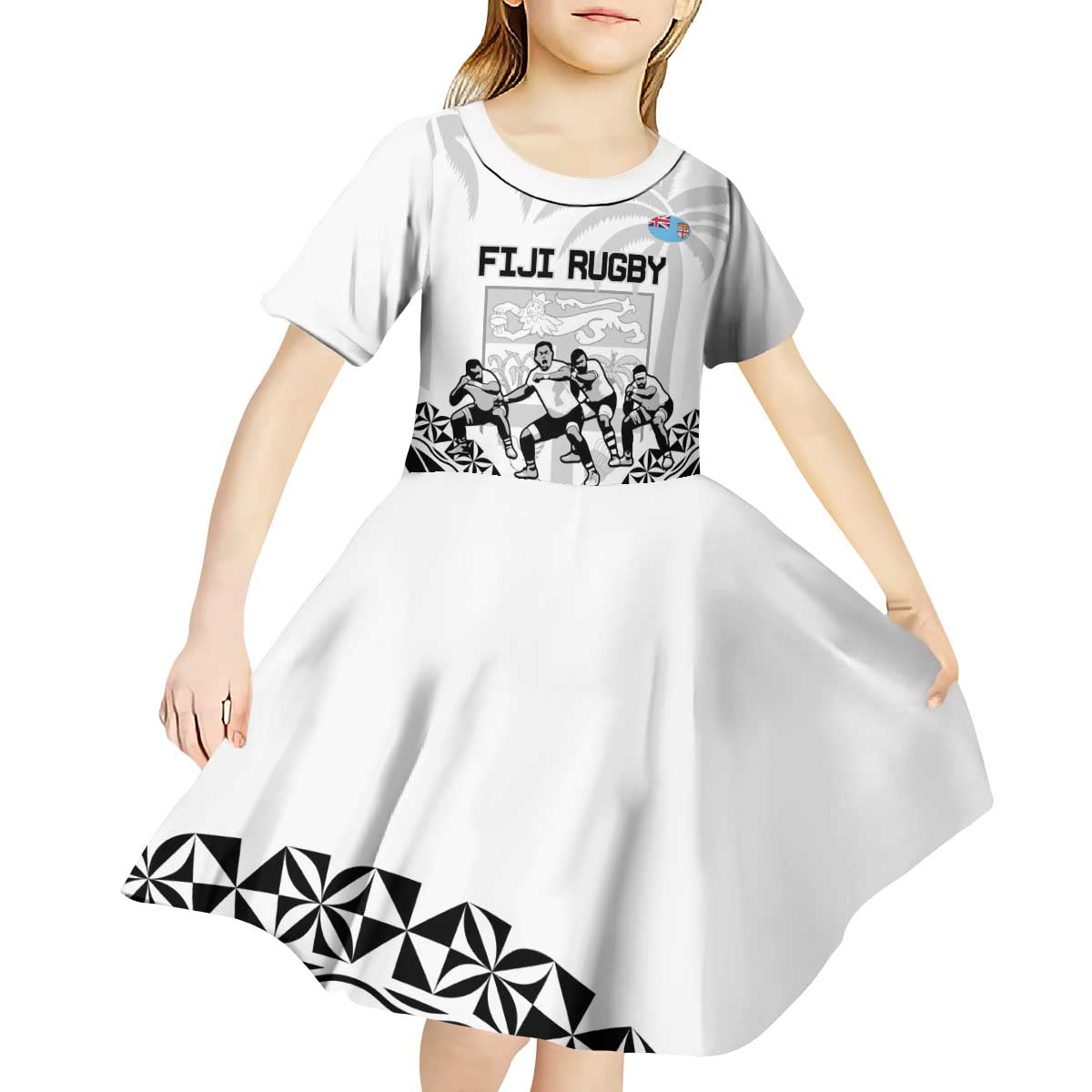 Fiji Tapa Rugby Kid Short Sleeve Dress Cibi Dance With Fijian Pattern