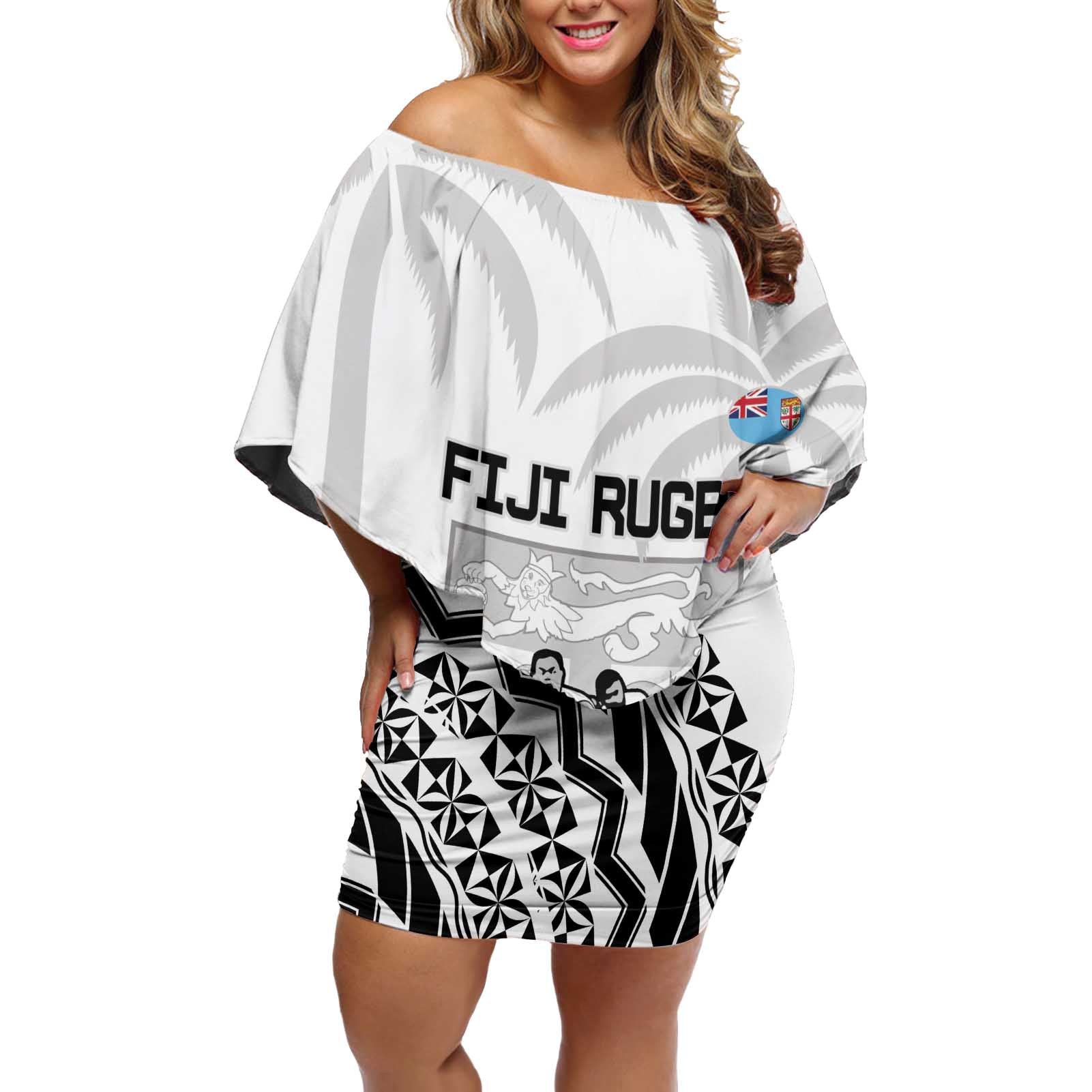 Fiji Tapa Rugby Off Shoulder Short Dress Cibi Dance With Fijian Pattern