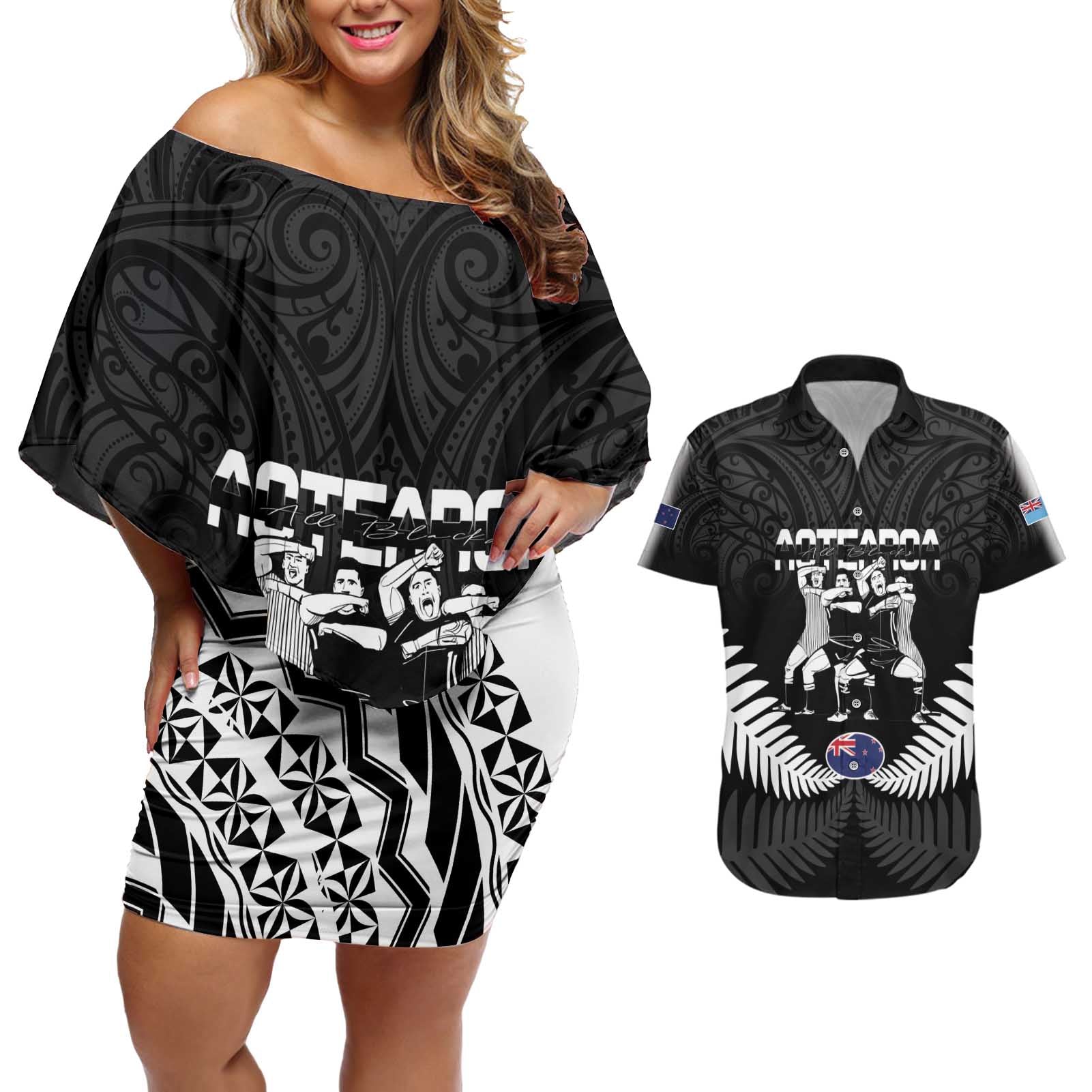 New Zealand And Fiji Tapa Rugby Couples Matching Off Shoulder Short Dress and Hawaiian Shirt Haka Dance Mix Cibi Dance Together