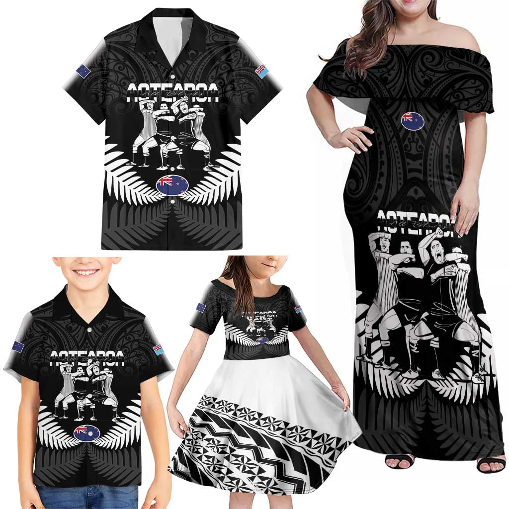 New Zealand And Fiji Tapa Rugby Family Matching Off Shoulder Maxi Dress and Hawaiian Shirt Haka Dance Mix Cibi Dance Together