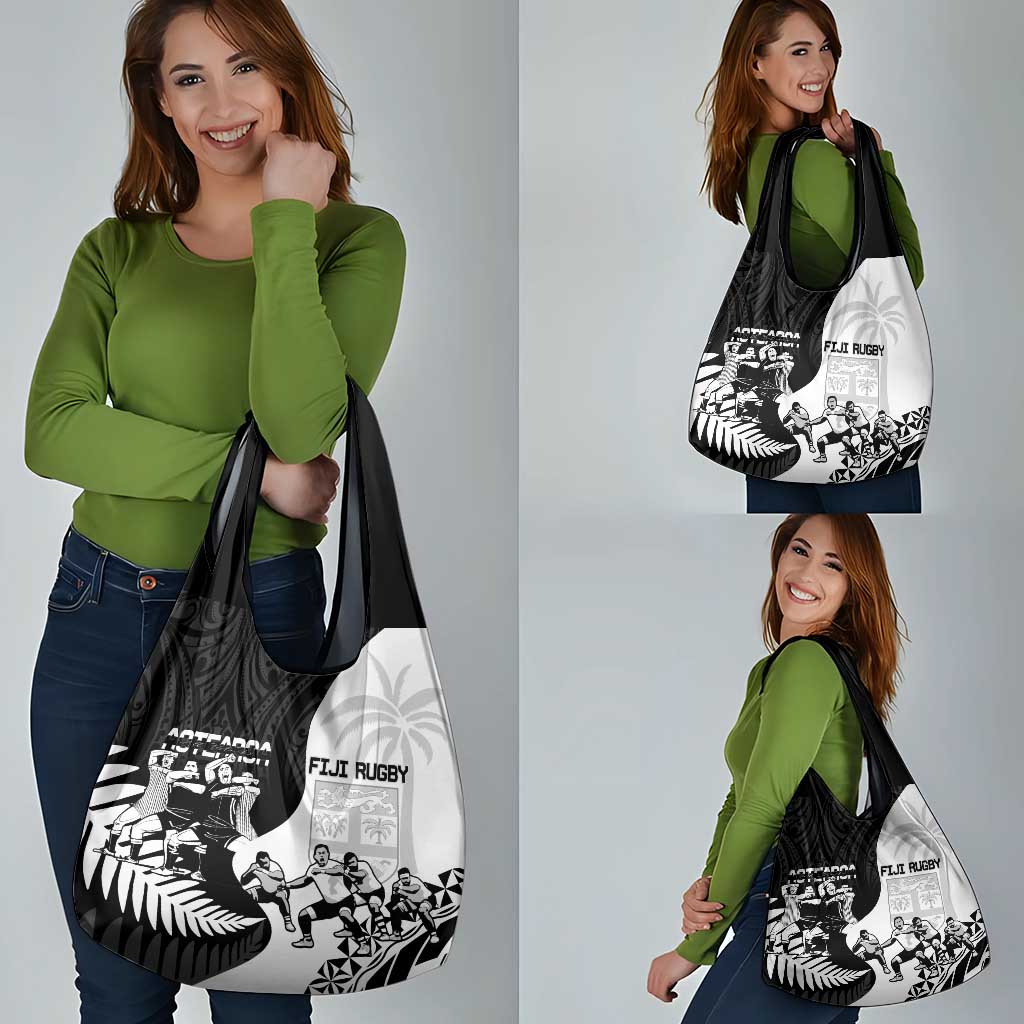 New Zealand And Fiji Tapa Rugby Grocery Bag Haka Dance Mix Cibi Dance Together