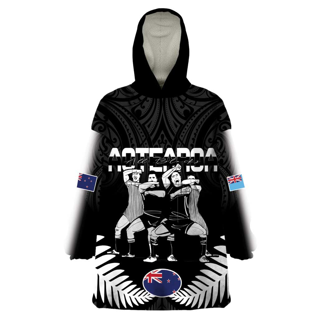 New Zealand And Fiji Tapa Rugby Wearable Blanket Hoodie Haka Dance Mix Cibi Dance Together