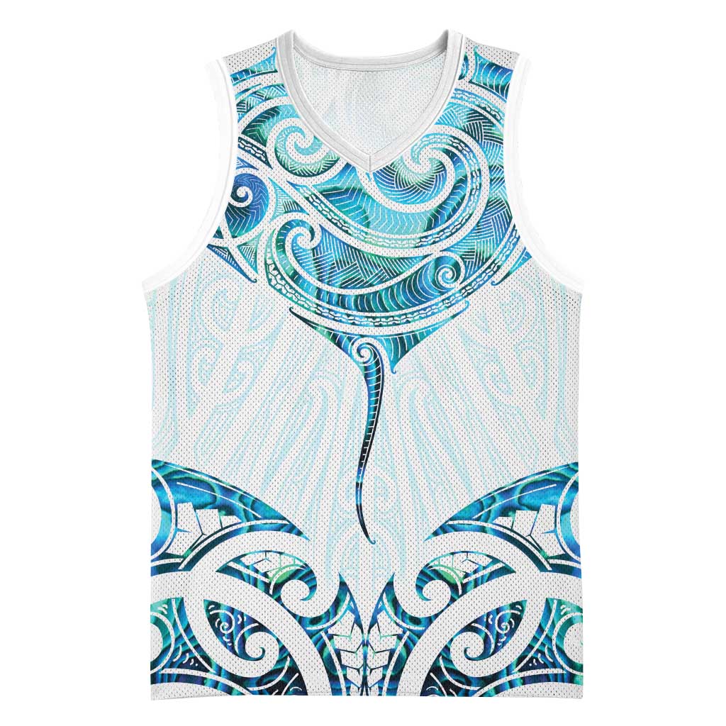 New Zealand Manta Ray Tattoo Basketball Jersey Aotearoa Maori Haehae Paua Shell - Polynesian Pride