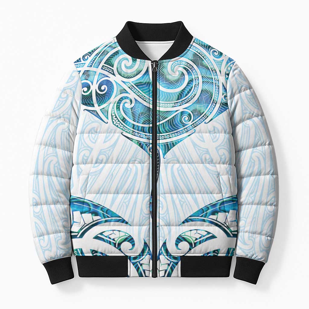 New Zealand Manta Ray Tattoo Bomber Puffer Jacket Aotearoa Maori Haehae Paua Shell - Polynesian Pride