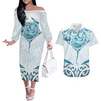New Zealand Manta Ray Tattoo Couples Matching Off The Shoulder Long Sleeve Dress and Hawaiian Shirt Aotearoa Maori Haehae Paua Shell - Polynesian Pride