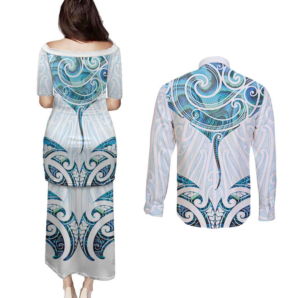 New Zealand Manta Ray Tattoo Couples Matching Puletasi and Long Sleeve Button Shirt Aotearoa Maori Haehae Paua Shell LT14 - Polynesian Pride