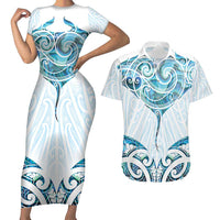 New Zealand Manta Ray Tattoo Couples Matching Short Sleeve Bodycon Dress and Hawaiian Shirt Aotearoa Maori Haehae Paua Shell LT14 White - Polynesian Pride