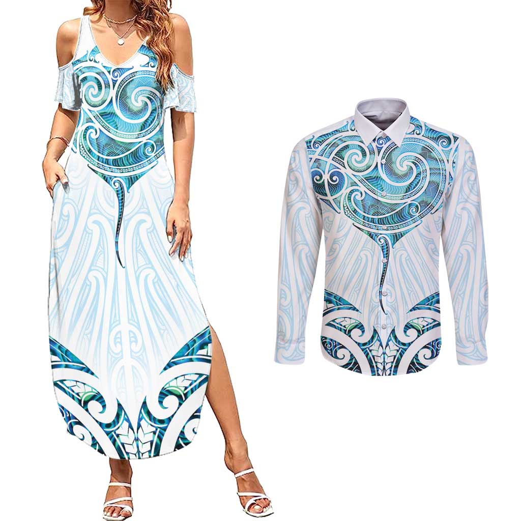New Zealand Manta Ray Tattoo Couples Matching Summer Maxi Dress and Long Sleeve Button Shirt Aotearoa Maori Haehae Paua Shell LT14 White - Polynesian Pride