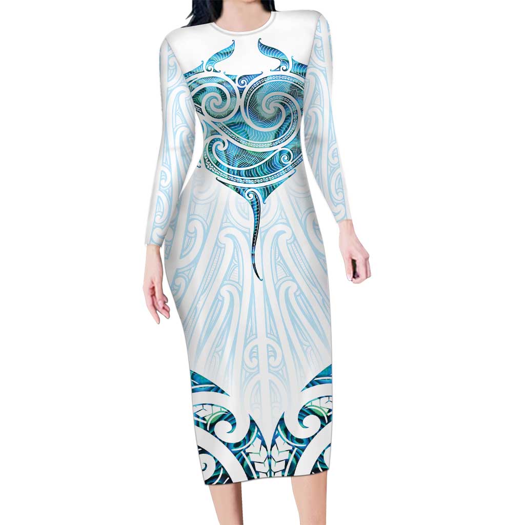 New Zealand Manta Ray Tattoo Family Matching Long Sleeve Bodycon Dress and Hawaiian Shirt Aotearoa Maori Haehae Paua Shell LT14 Mom's Dress White - Polynesian Pride