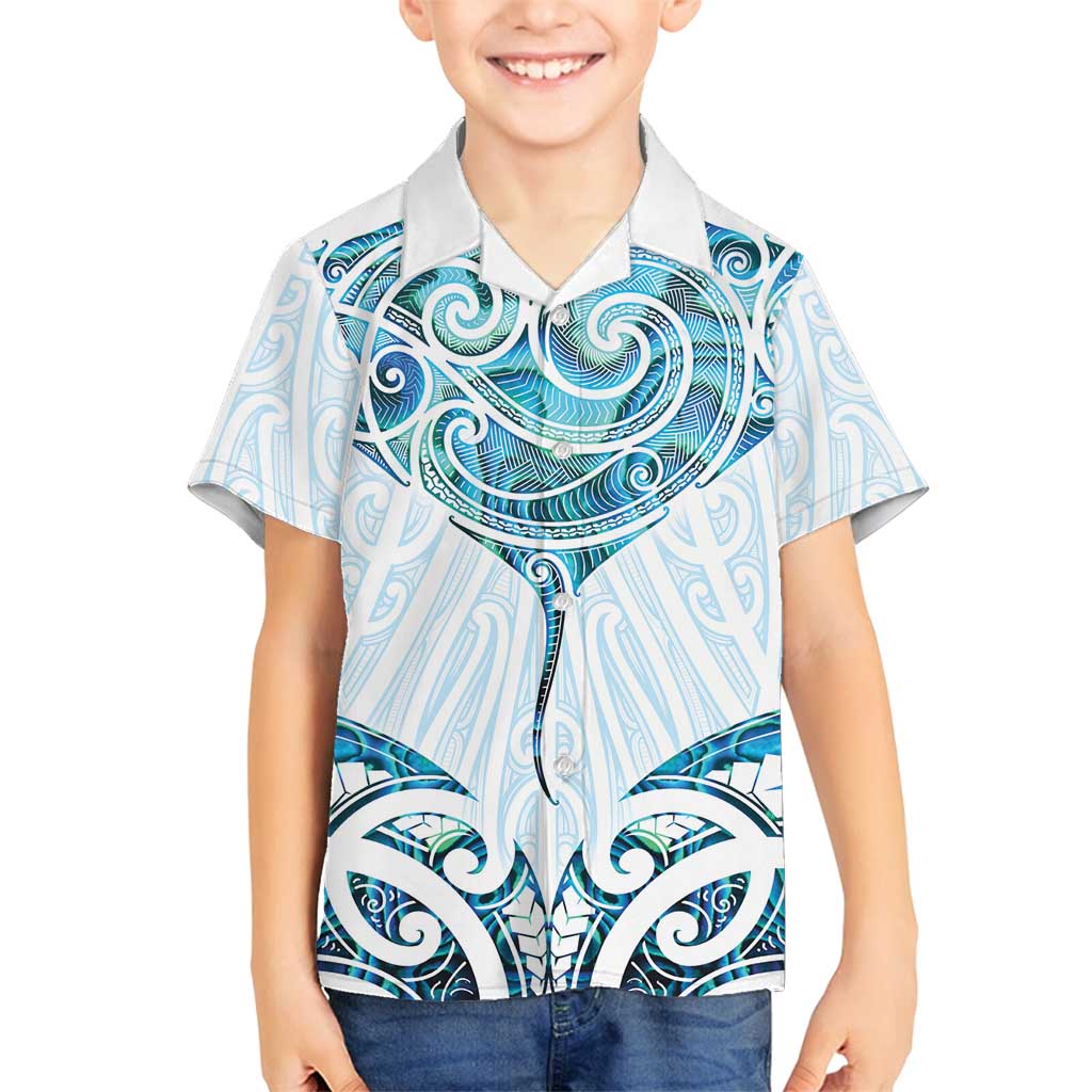 New Zealand Manta Ray Tattoo Family Matching Long Sleeve Bodycon Dress and Hawaiian Shirt Aotearoa Maori Haehae Paua Shell LT14 Son's Shirt White - Polynesian Pride